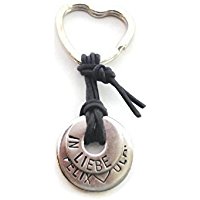 Herz-Schlüsselanhänger aus Edelstahl, 2 Ringe, an Lederband - Farbwahl, Wunschbeschriftung wie Name, Datum. AKTION!