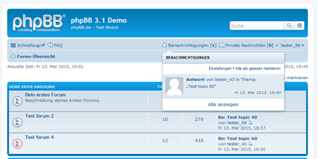 Screenshot: Benachrichtigung wegen neuem Beitrag in abonniertem Thema.
